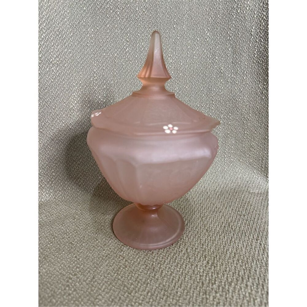 Vintage Anchor Hocking Mayfair Pink Frosted Depression Candy Dish & Lid Floral